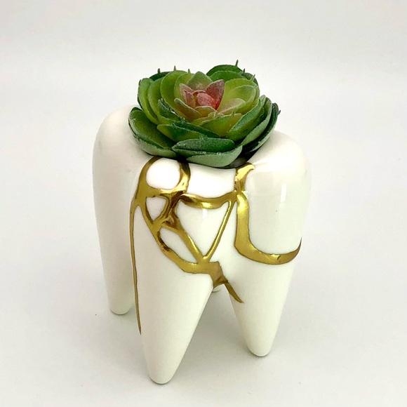 Kintsugi Planter Ceramic Tooth Gold Crack Dental Art Growth Gift Dentist - Picture 7 of 13
